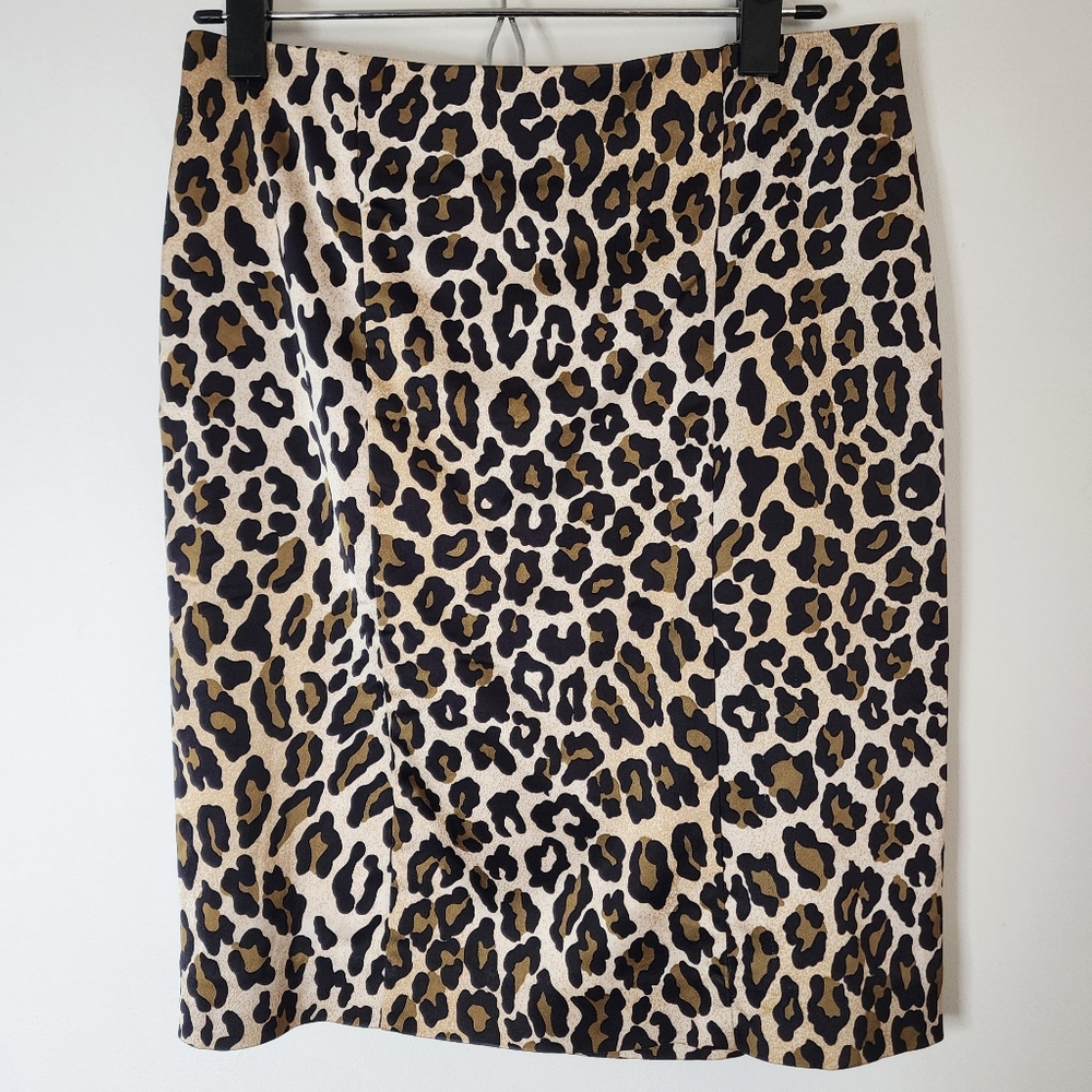Cache‎ leopard print stretch satin rouched back pencil wiggle skirt Sz 6